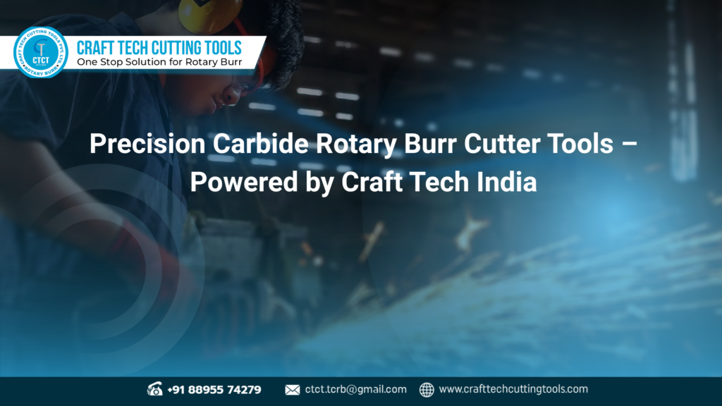 Close-up of a carbide rotary burr cutter tool manufactured by Craft Tech Cutting Tools, used for precision grinding and metal shaping